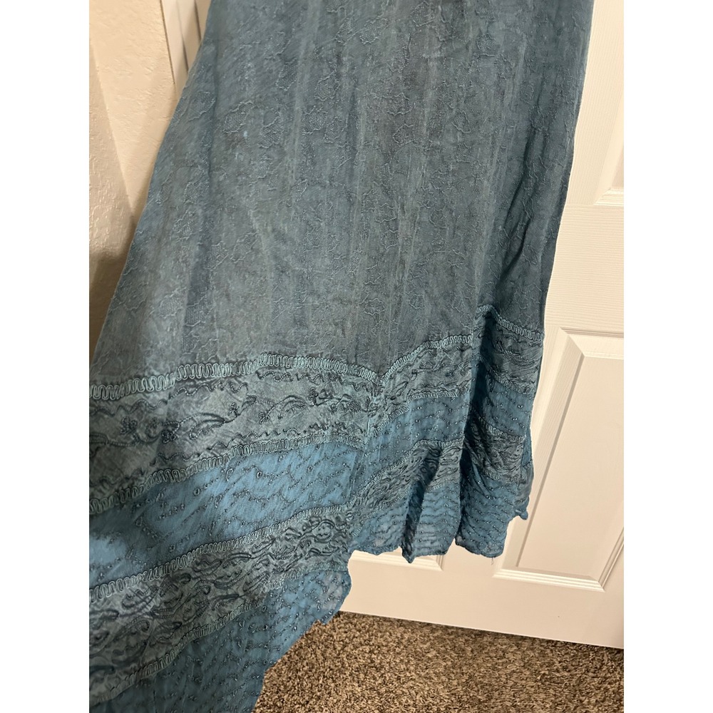 Advance Apparels Teal Blue Embroidered Boho Midi Dress Smocked Back Rayon L XL - Picture 6 of 9